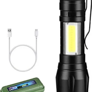 Desidiya LED Flashlight with COB Light Mini Torch Waterproof Portable LED Flashlight USB Rechargeable 3 Modes Light Flashlight - Black